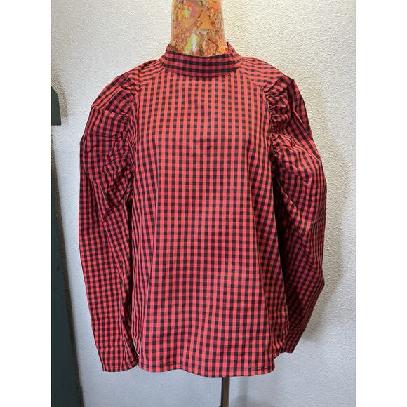 H&M Women’s Red & Black Gingham Check Plaid Big Puff Sleeve Blouse Size XL - Picture 1 of 5